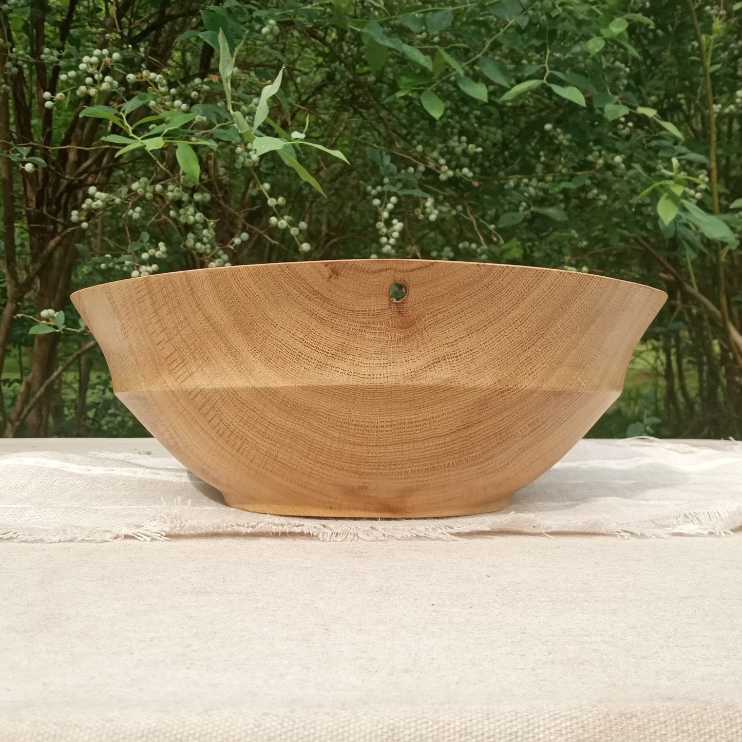 Handmade White Oak Wood Fruit Bowl with Holes: 14" Rustic Centerpiece
