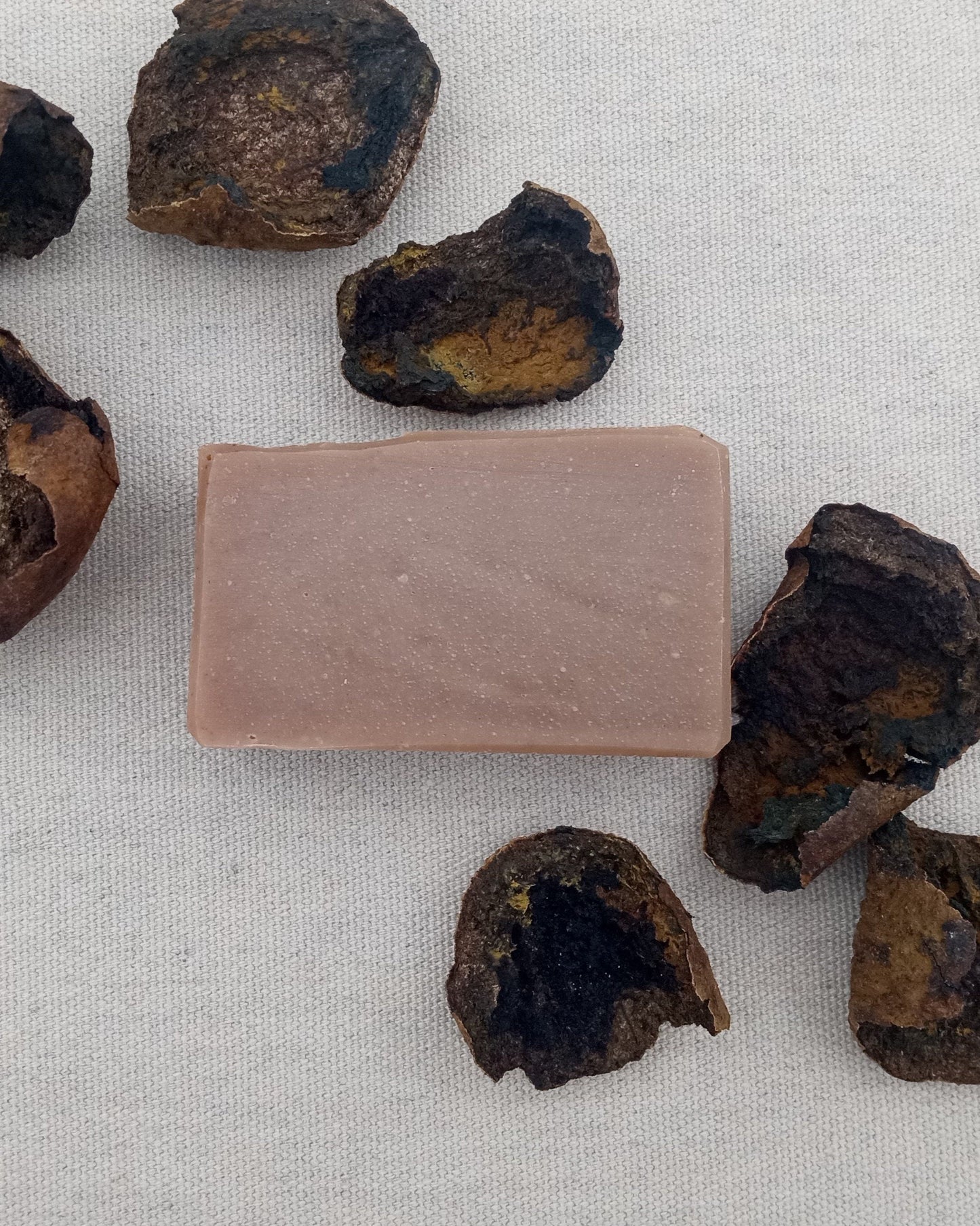 a smooth brown bar of soap with rustic rough cut edges set on a white cloth with dried walnut hulls scattered around it