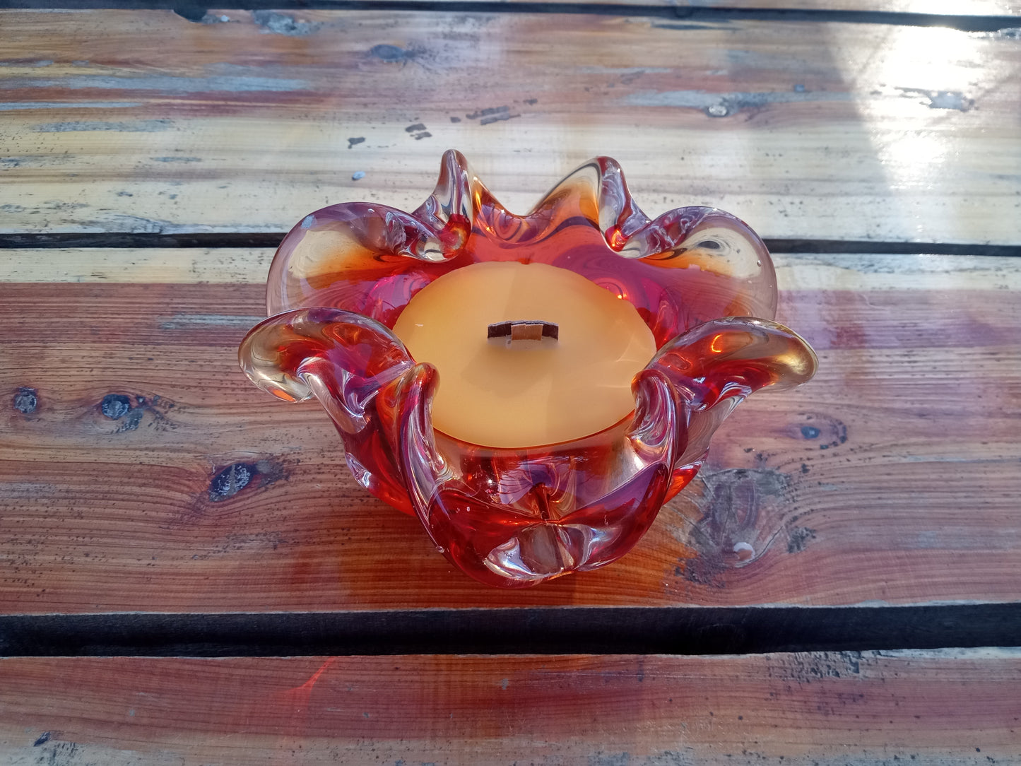 Red Glass Bowl Candle: Natural Wax, Wood Wick, Essential Oil Scent (4oz)