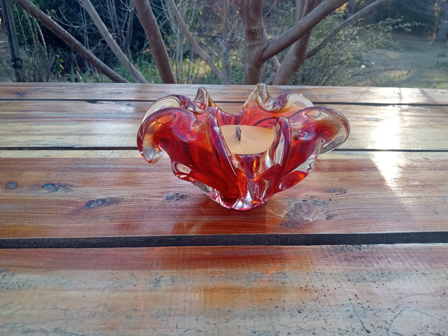Red Glass Bowl Candle: Natural Wax, Wood Wick, Essential Oil Scent (4oz)