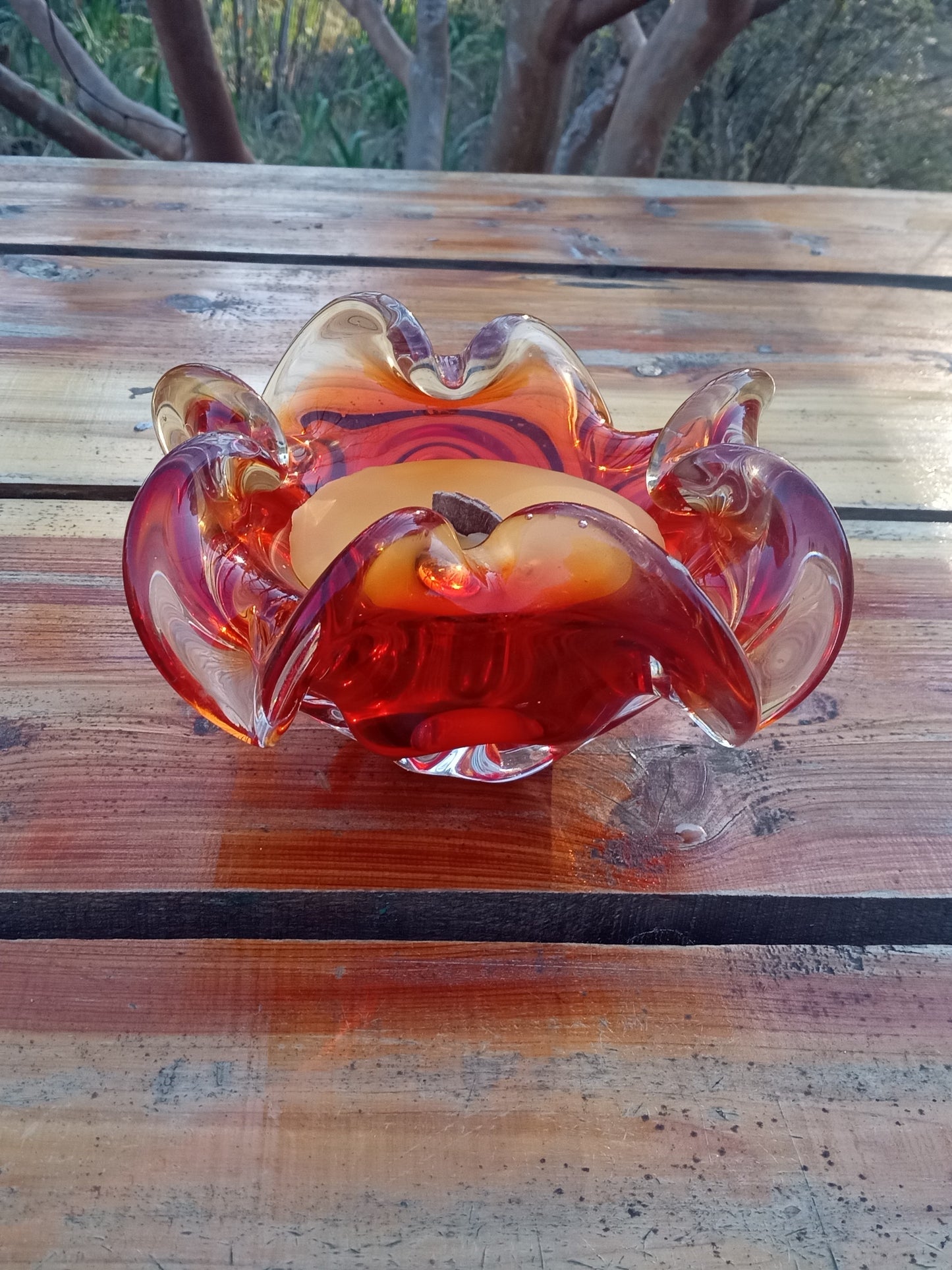 Red Glass Bowl Candle: Natural Wax, Wood Wick, Essential Oil Scent (4oz)