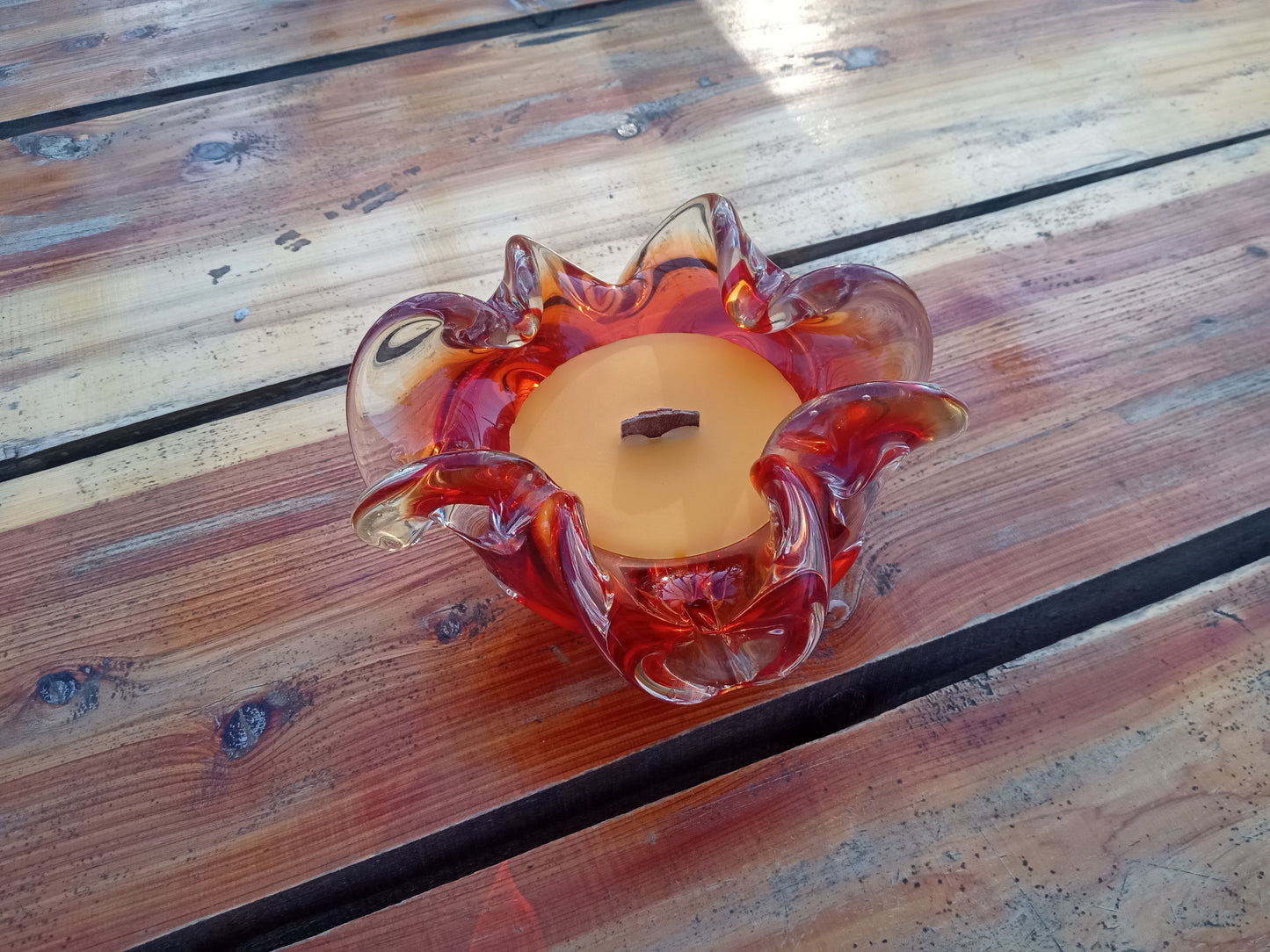 Red Glass Bowl Candle: Natural Wax, Wood Wick, Essential Oil Scent (4oz)