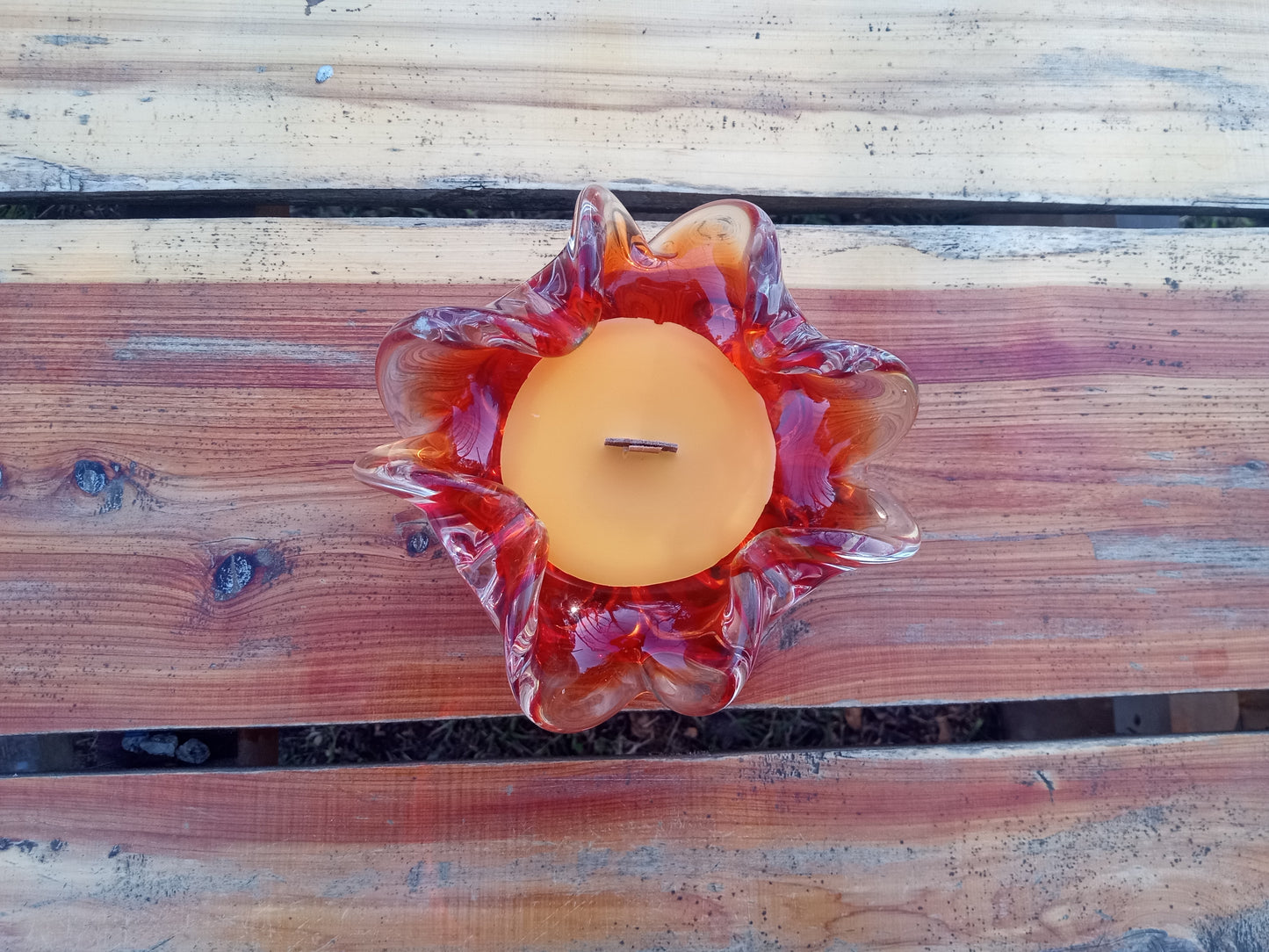 Red Glass Bowl Candle: Natural Wax, Wood Wick, Essential Oil Scent (4oz)
