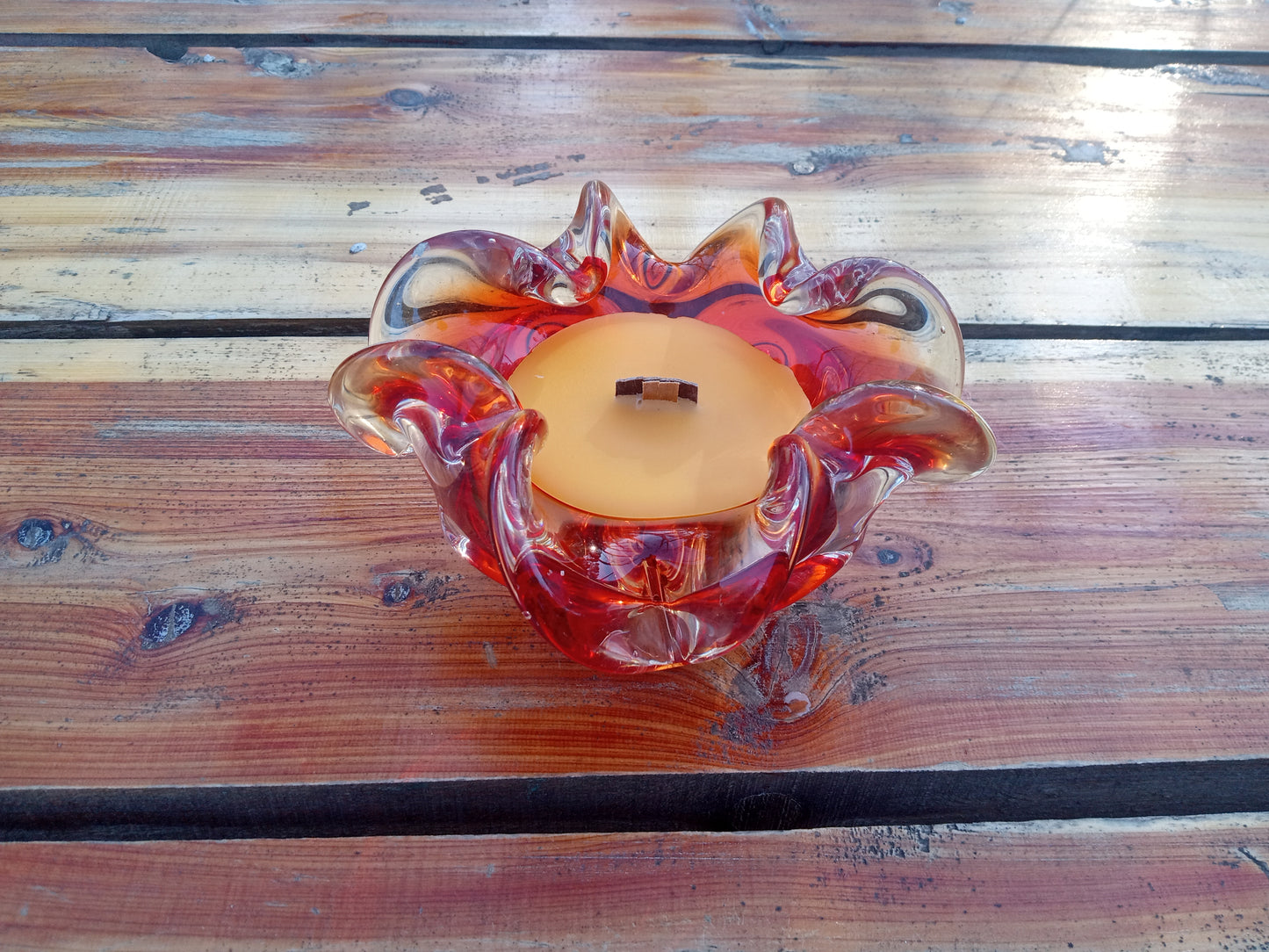 Red Glass Bowl Candle: Natural Wax, Wood Wick, Essential Oil Scent (4oz)