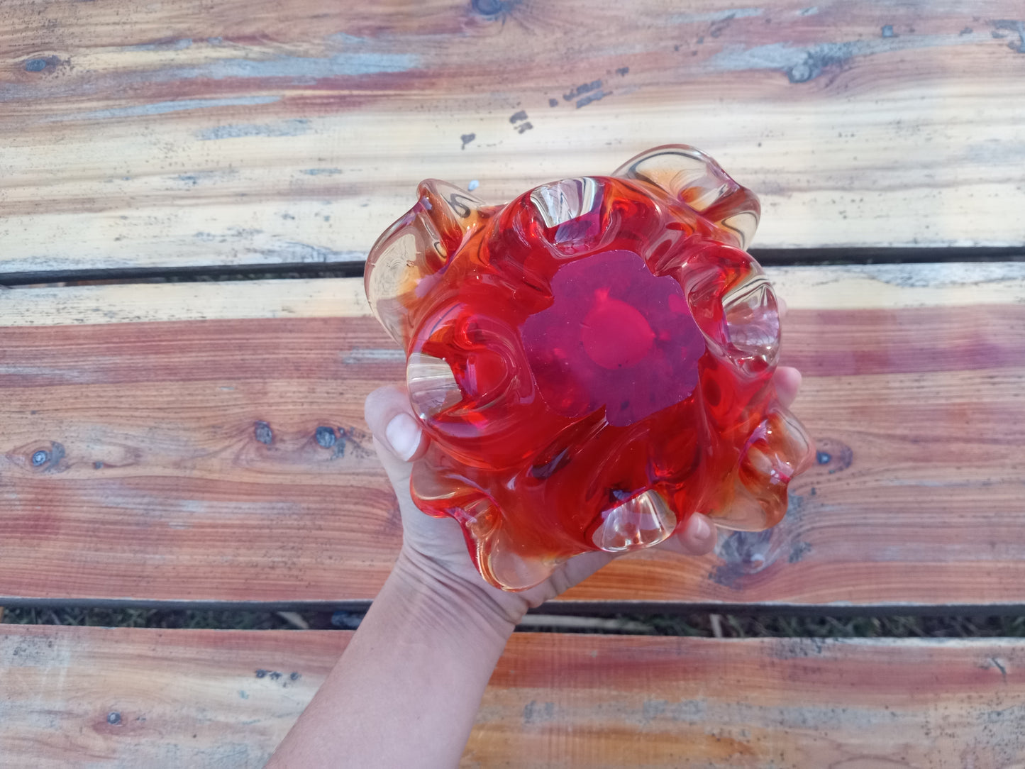 Red Glass Bowl Candle: Natural Wax, Wood Wick, Essential Oil Scent (4oz)