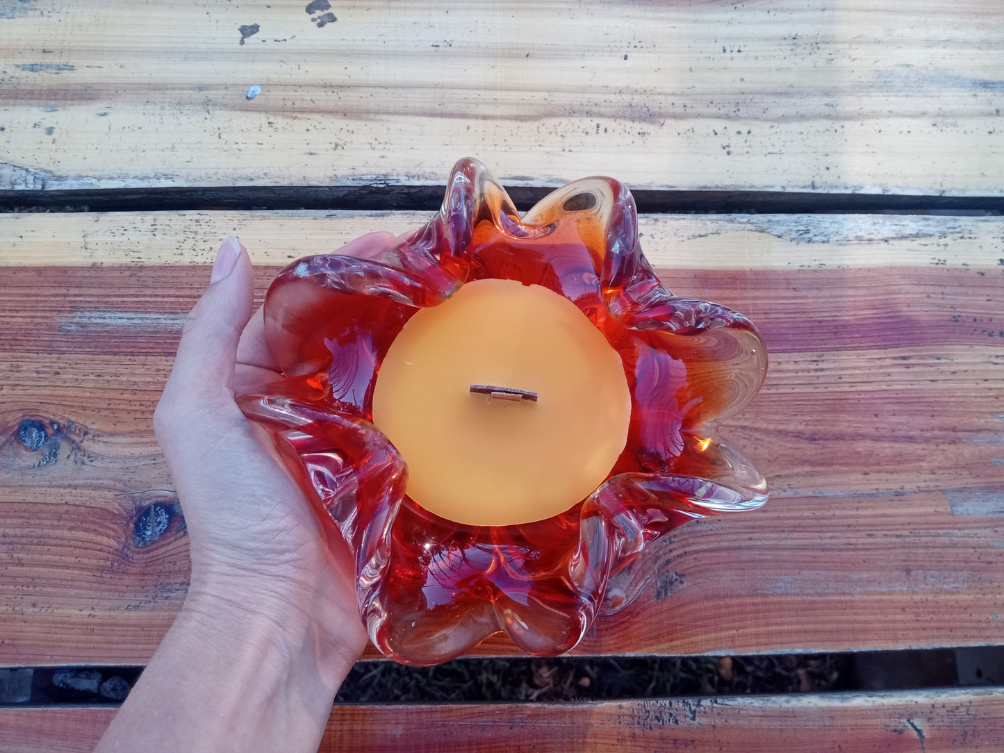 Red Glass Bowl Candle: Natural Wax, Wood Wick, Essential Oil Scent (4oz)