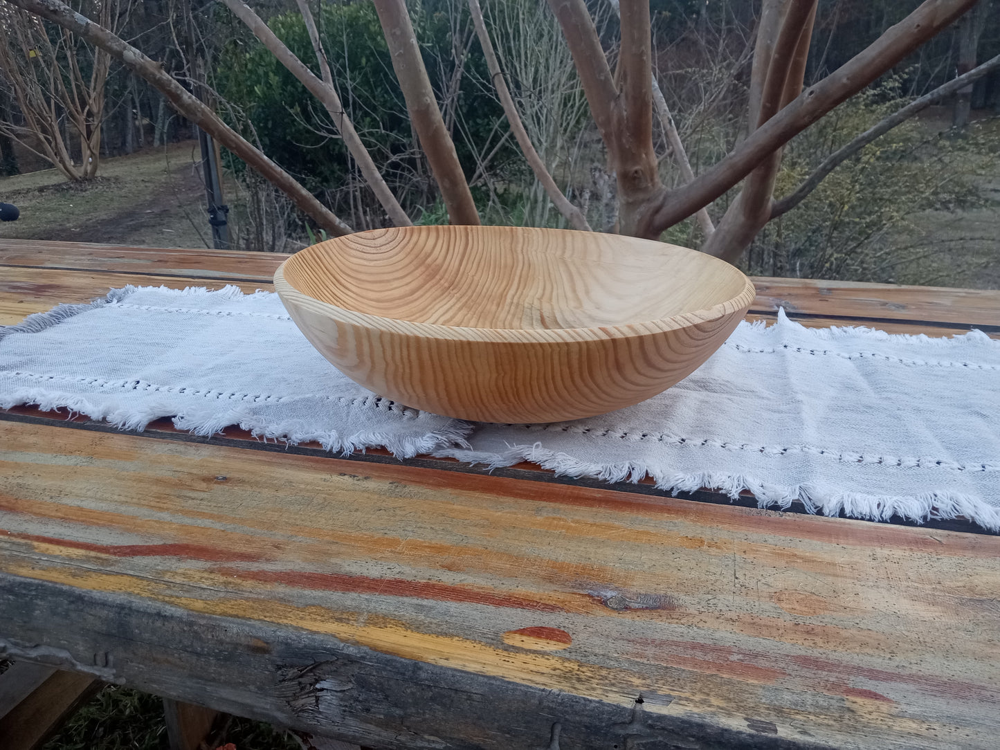14" Blonde Wood Salad Bowl Hand Turned from Southern Yellow Pine - Beautiful Handmade Wooden Serving Bowl - Housewarming Gift