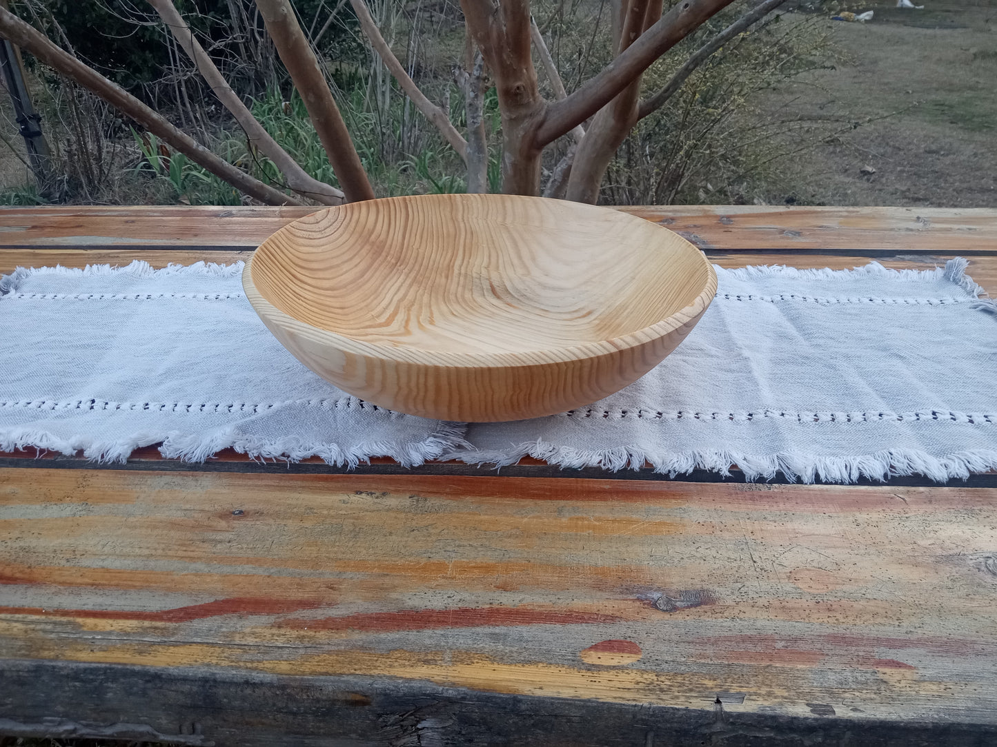 14" Blonde Wood Salad Bowl Hand Turned from Southern Yellow Pine - Beautiful Handmade Wooden Serving Bowl - Housewarming Gift