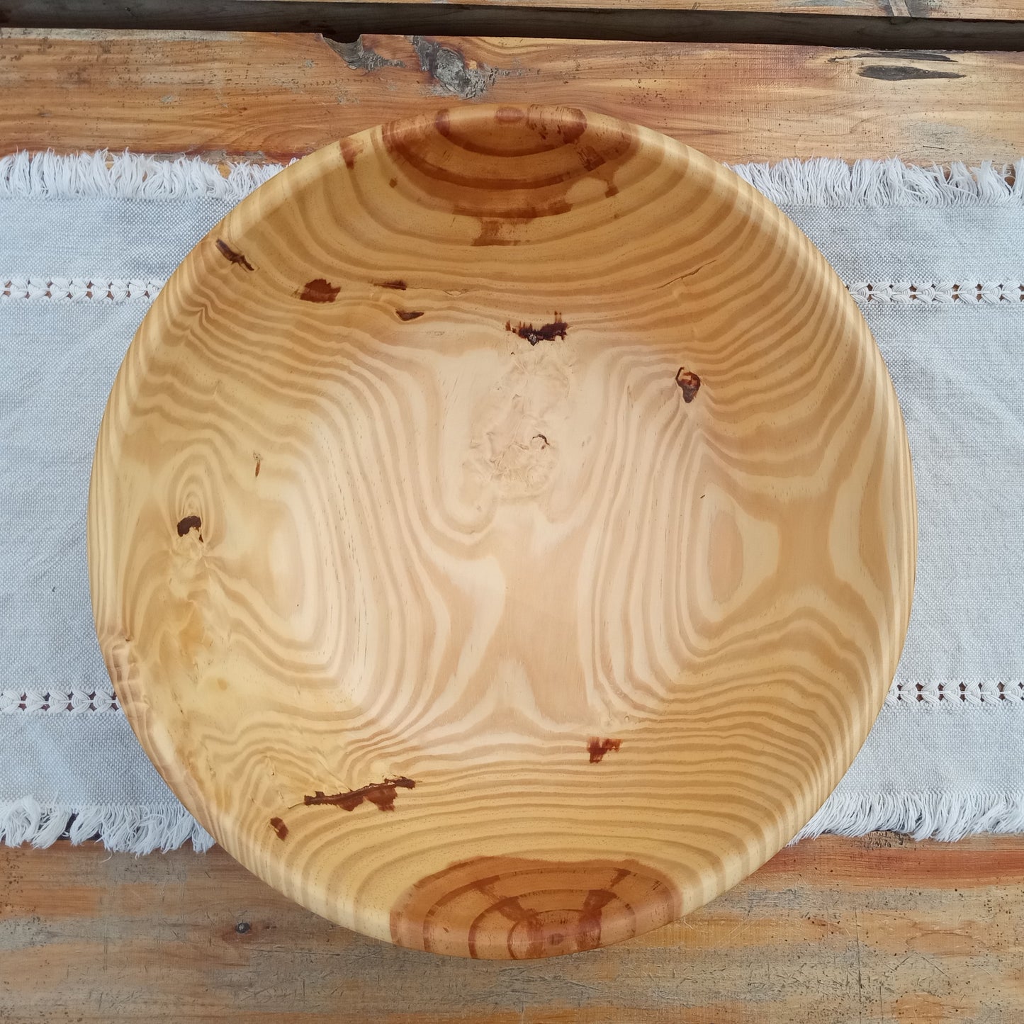 14" Pine Wood Fruit Bowl: Burl Detail, Handmade