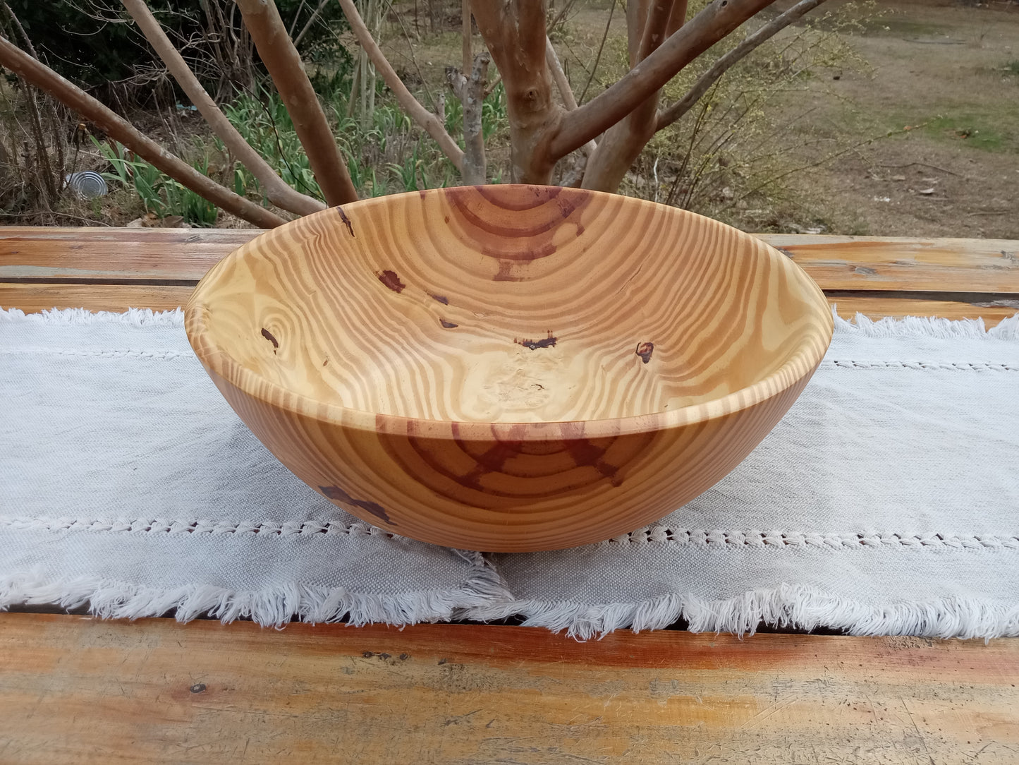 14" Pine Wood Fruit Bowl: Burl Detail, Handmade