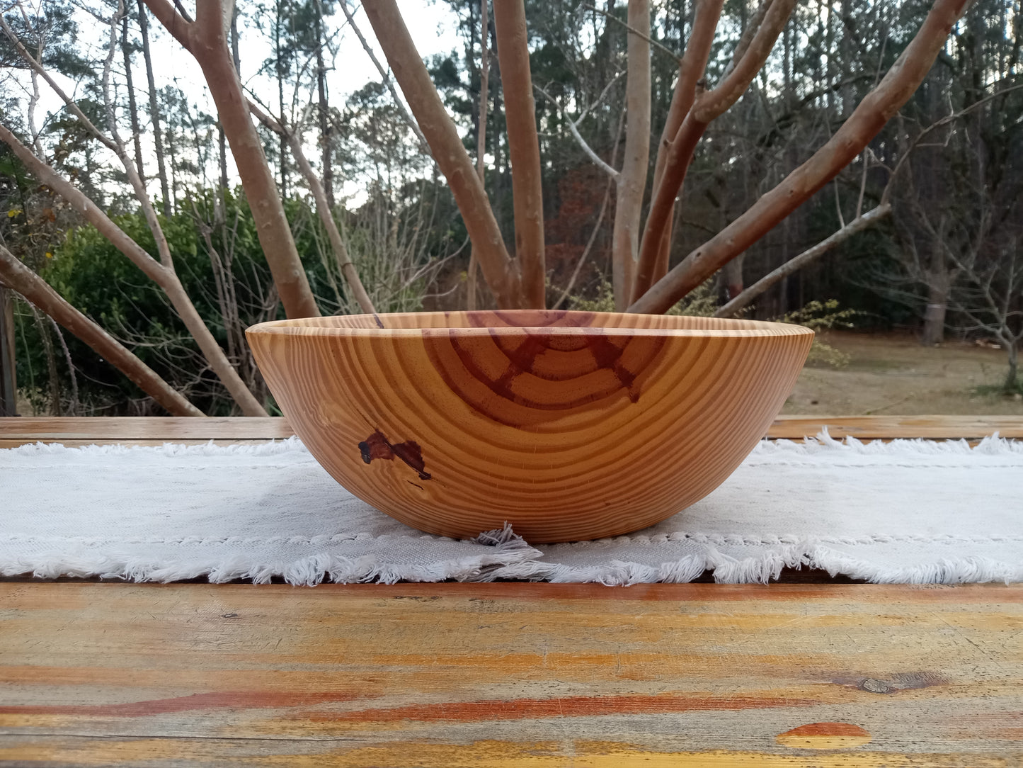 14" Pine Wood Fruit Bowl: Burl Detail, Handmade