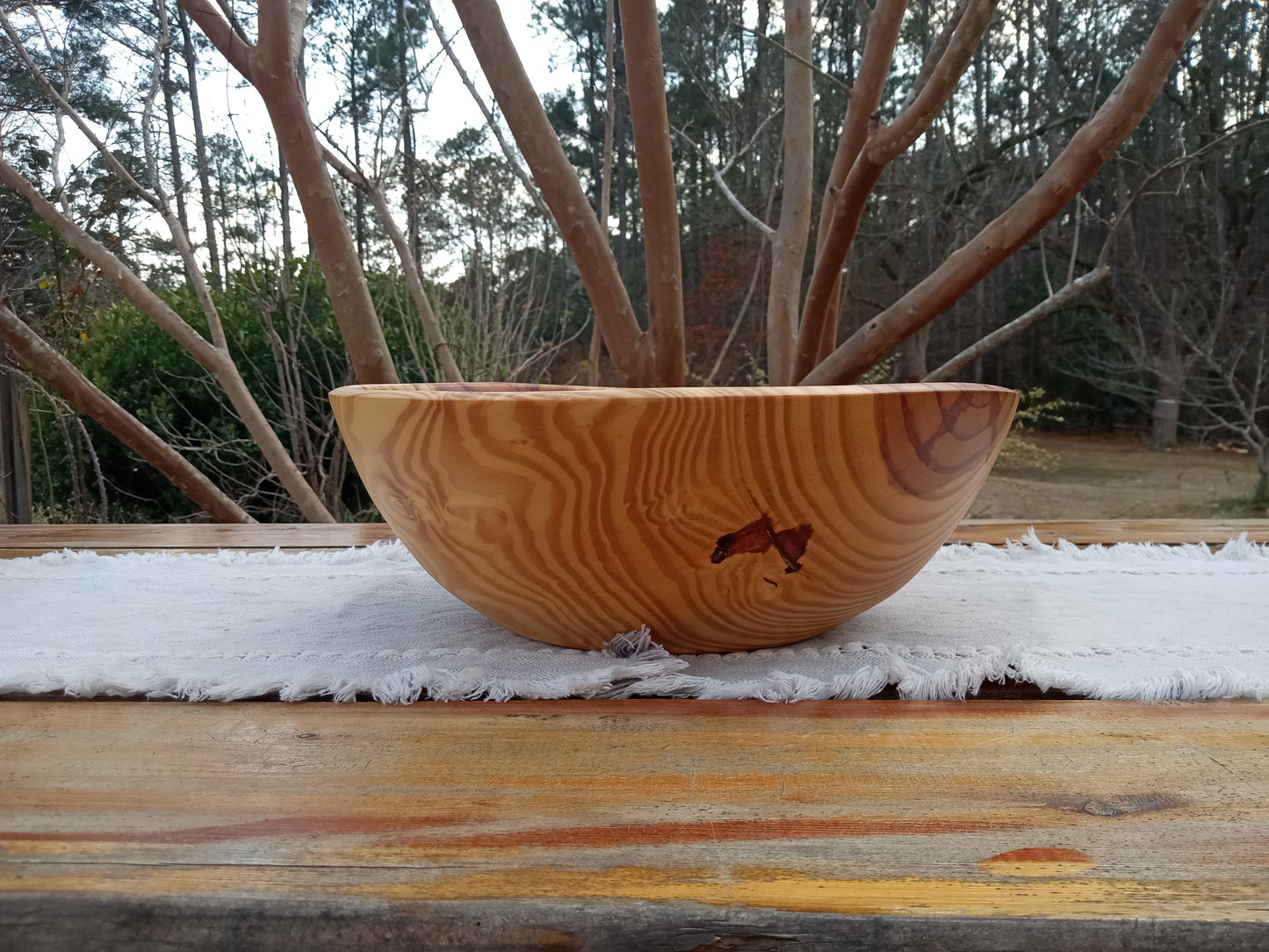 14" Pine Wood Fruit Bowl: Burl Detail, Handmade
