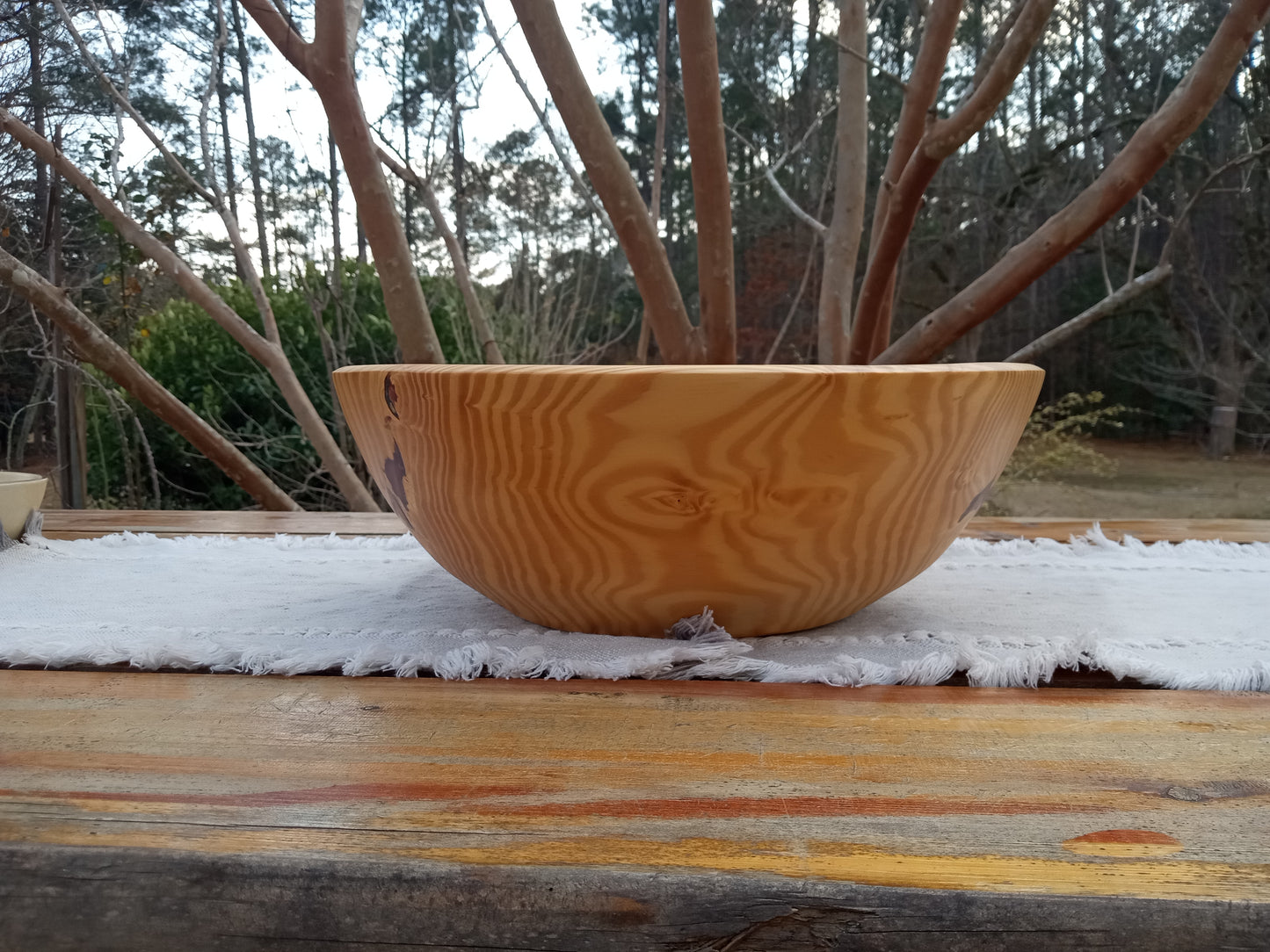 14" Pine Wood Fruit Bowl: Burl Detail, Handmade
