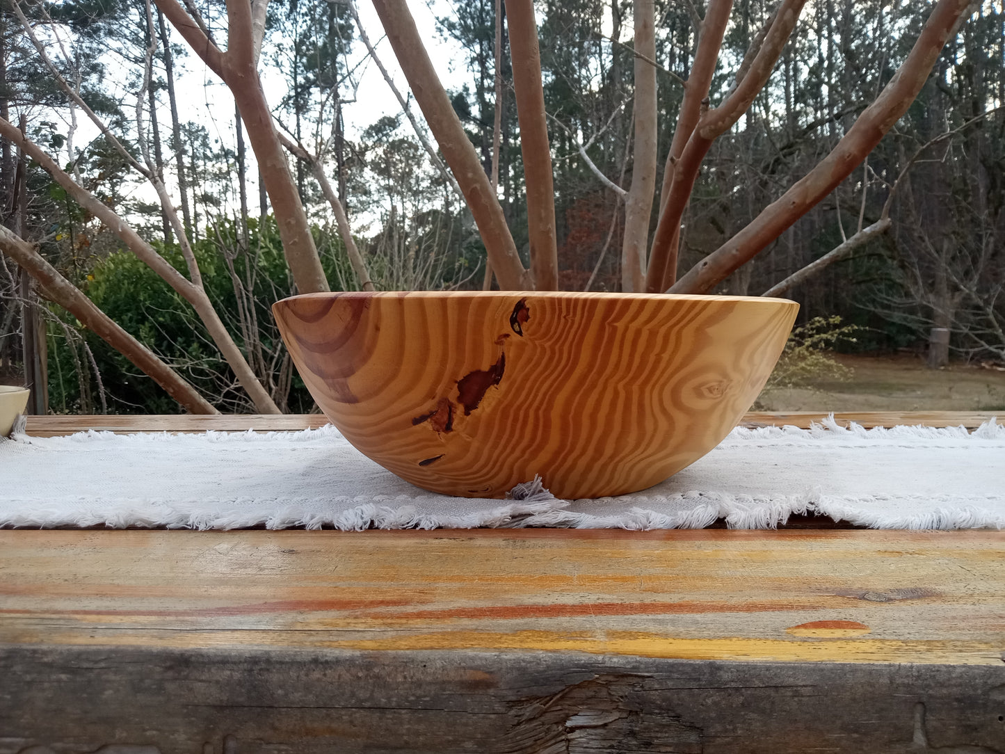 14" Pine Wood Fruit Bowl: Burl Detail, Handmade