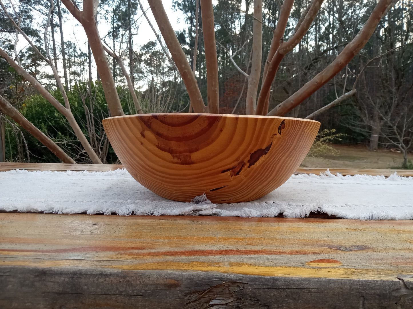 14" Pine Wood Fruit Bowl: Burl Detail, Handmade