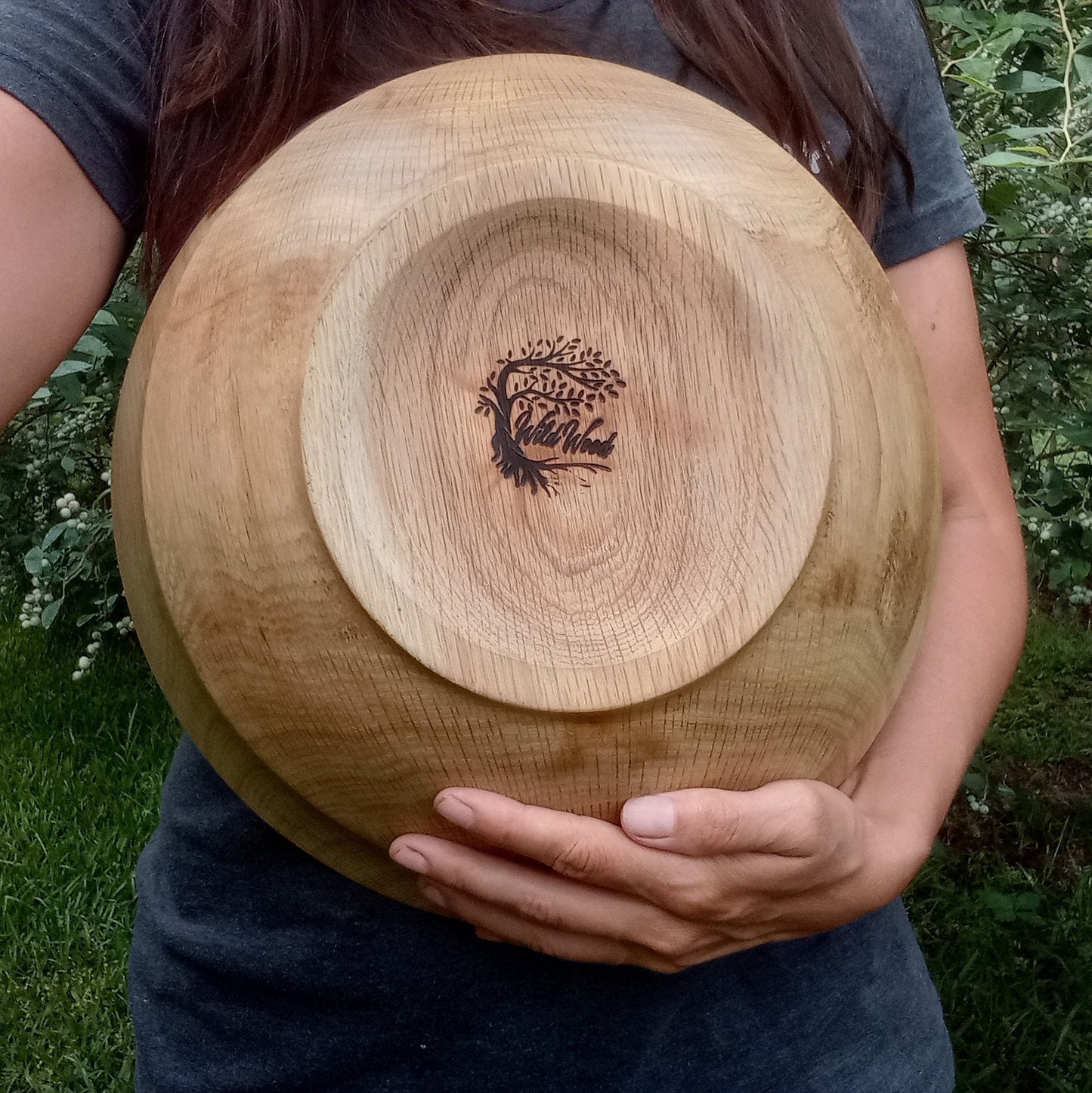 Handmade White Oak Wood Fruit Bowl with Holes: 14" Rustic Centerpiece