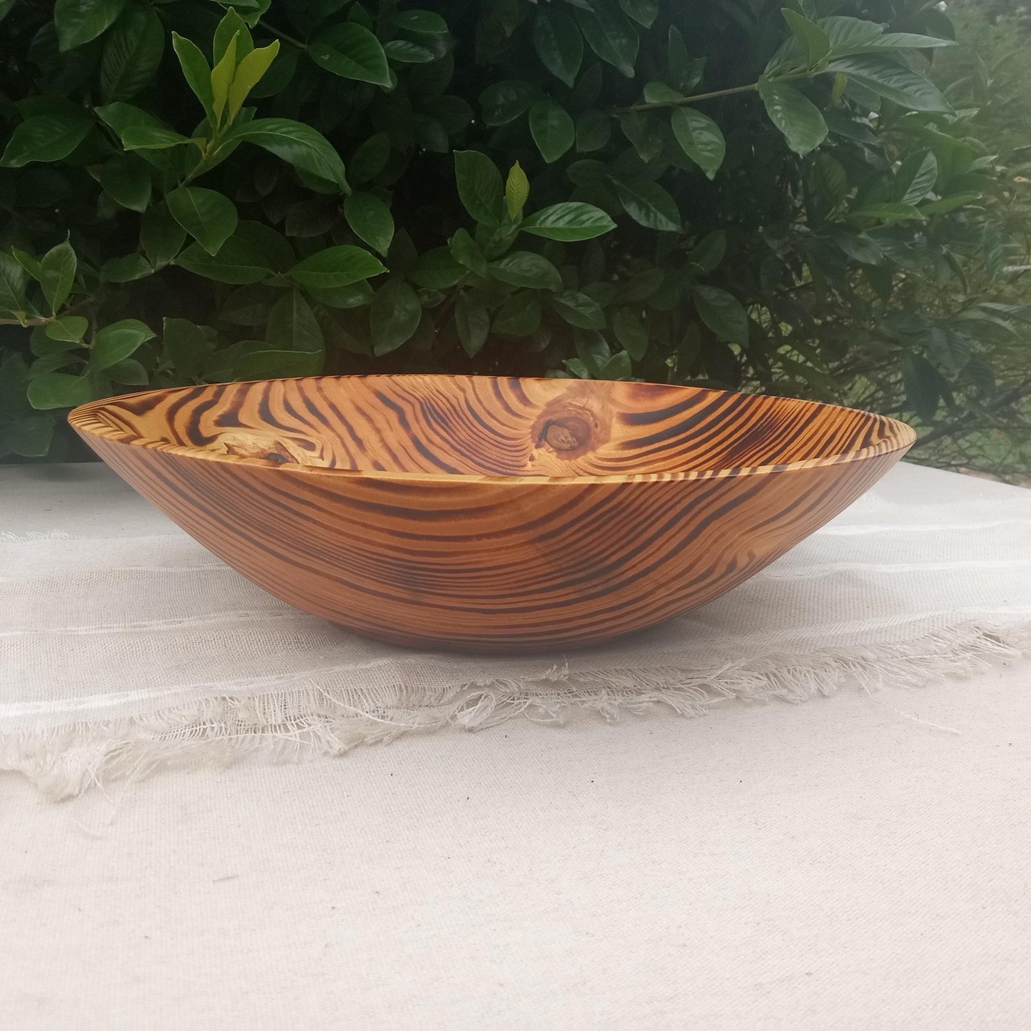 14" Torched Wood Fruit Bowl: Handmade, Pine Wood Centerpiece