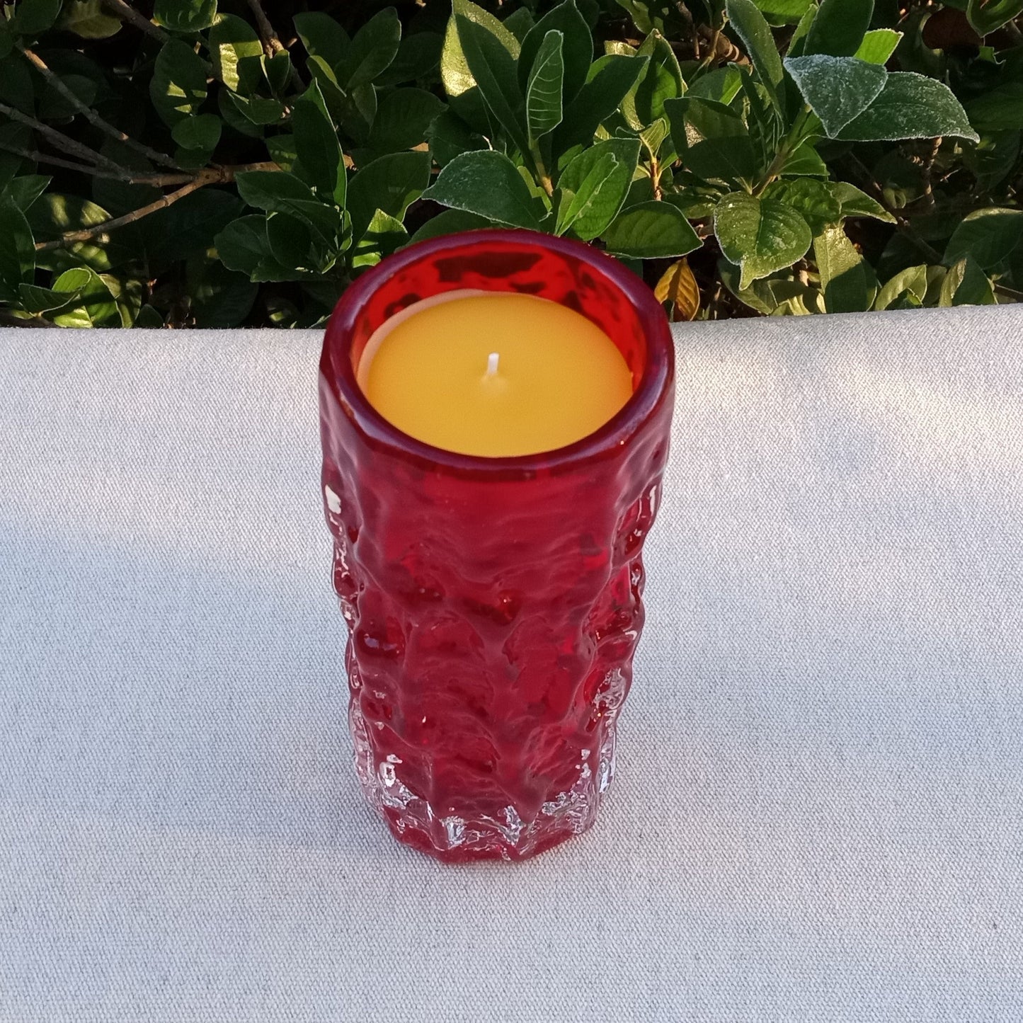 8oz Beeswax Candle in Red Glass Blown Cup - Long-lasting Essential Oil Candle with Cedarwood & Clove - Handcrafted Natural Wax Candle Gift