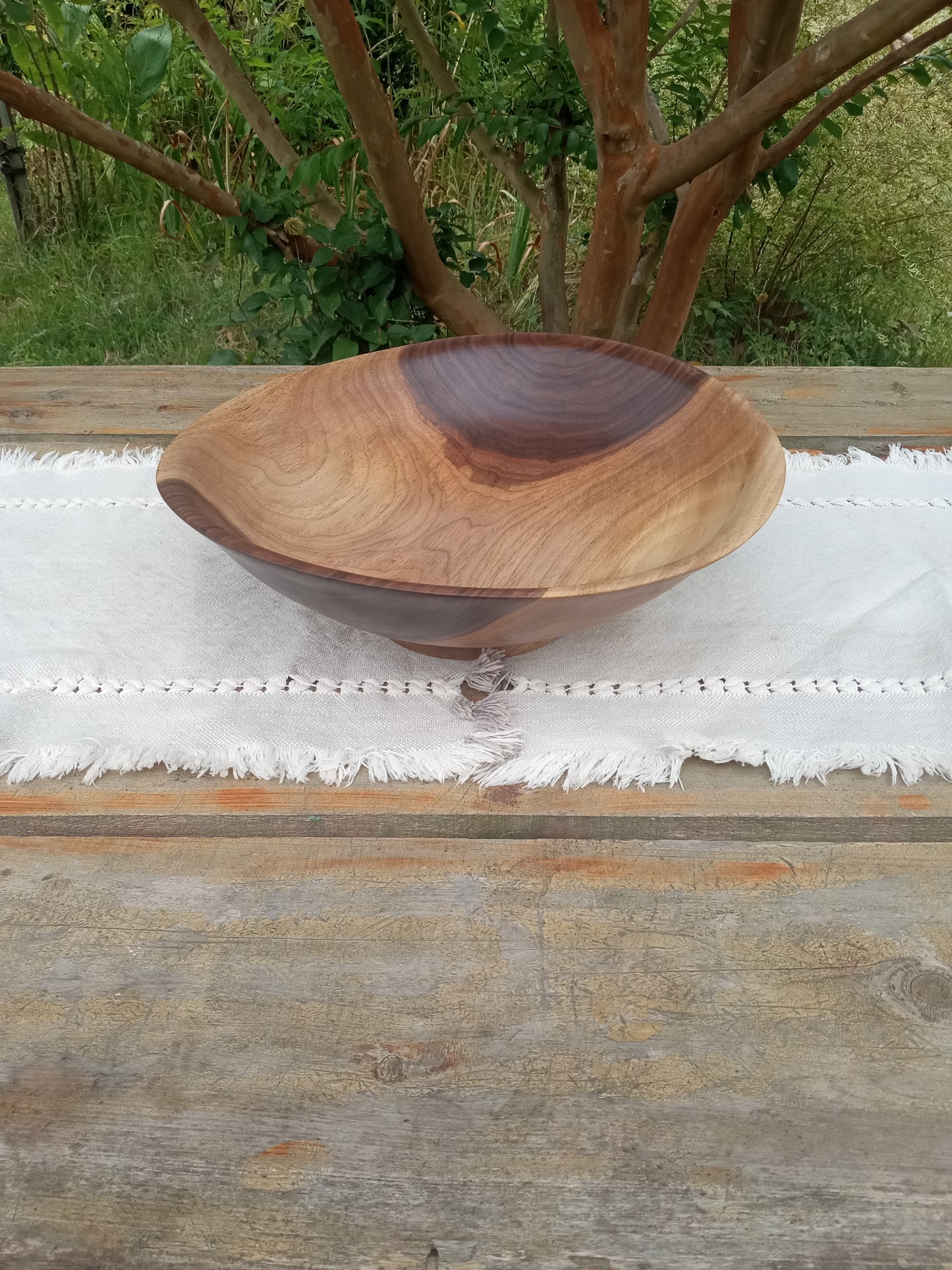 Beautiful Natural Edge Walnut Wood Salad Bowl - 13" Handmade Shallow Wooden Serving Bowl with a Decorative Design - Unique Wood Gifts