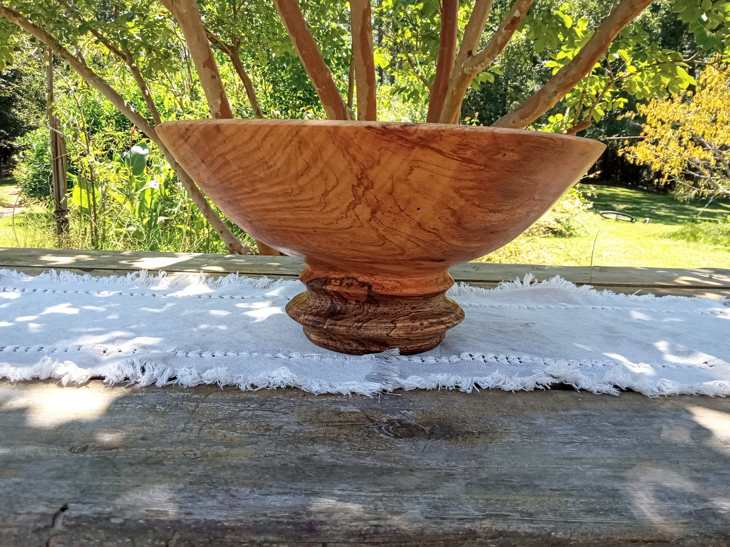 Classic Wood Pedestal Bowl: Elegant Design, Pecan Wood, Handmade (16"W 8"H)