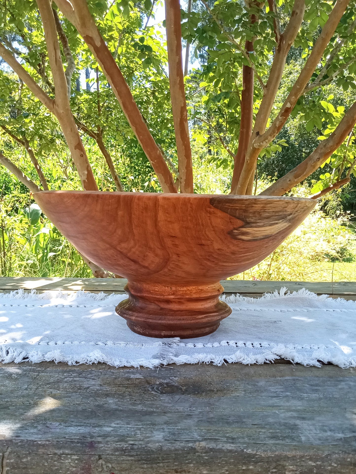 Classic Wood Pedestal Bowl: Elegant Design, Pecan Wood, Handmade (16"W 8"H)