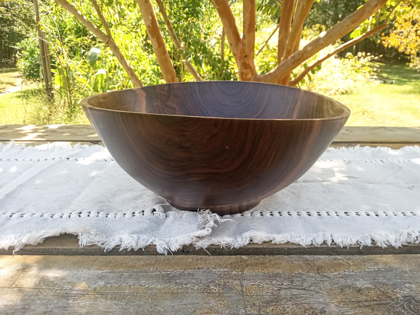 Handcrafted Walnut Wood Bowl: Rustic Knot & Burl Wood Centerpiece, Natural Edge Design (13")