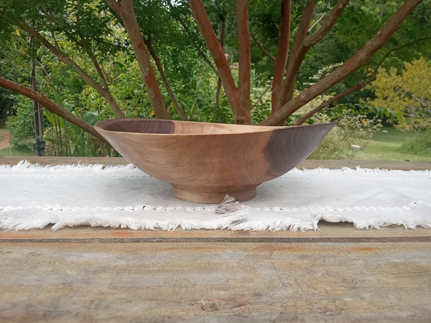 Beautiful Natural Edge Walnut Wood Salad Bowl - 13" Handmade Shallow Wooden Serving Bowl with a Decorative Design - Unique Wood Gifts
