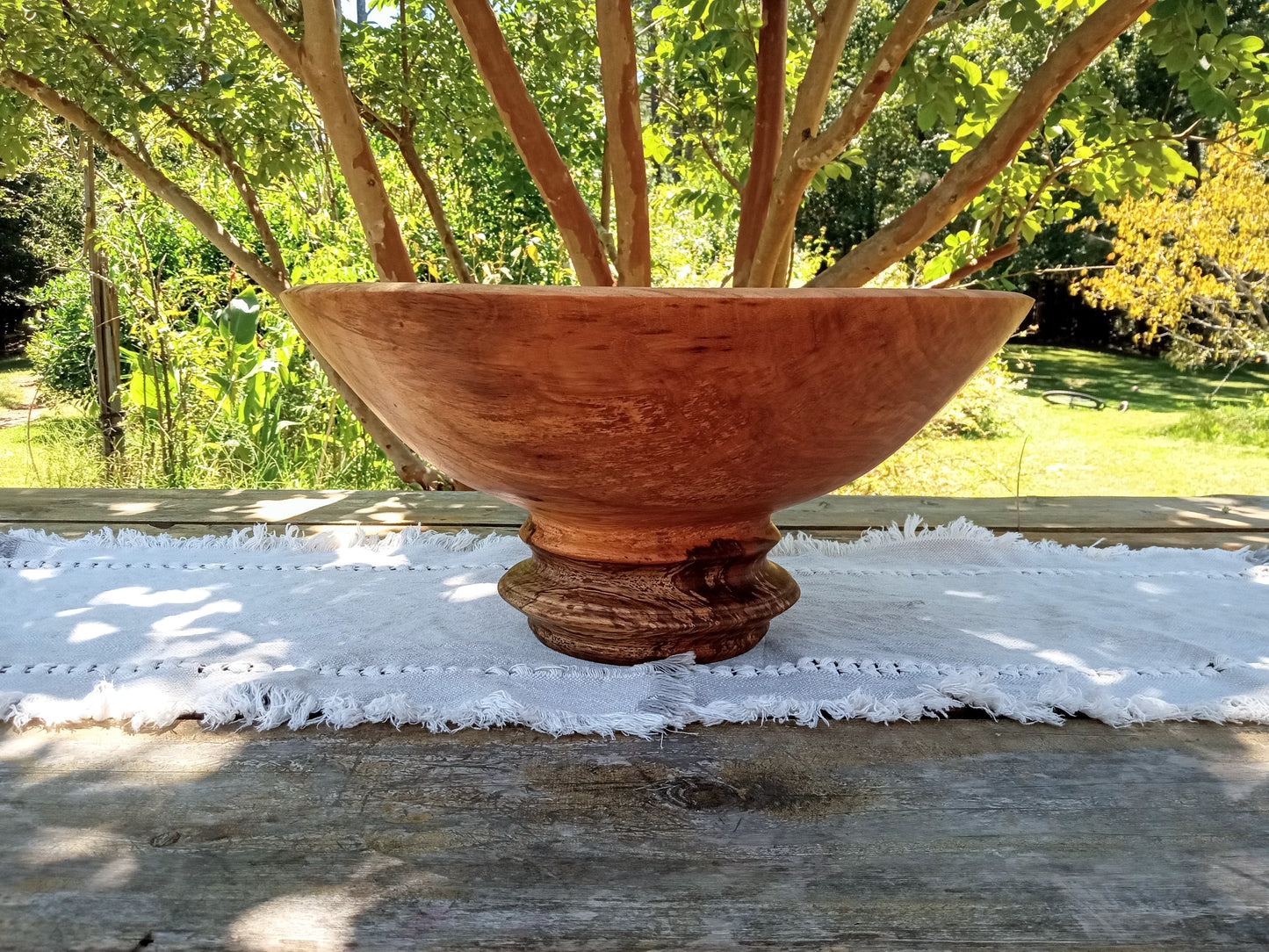 Classic Wood Pedestal Bowl: Elegant Design, Pecan Wood, Handmade (16"W 8"H)
