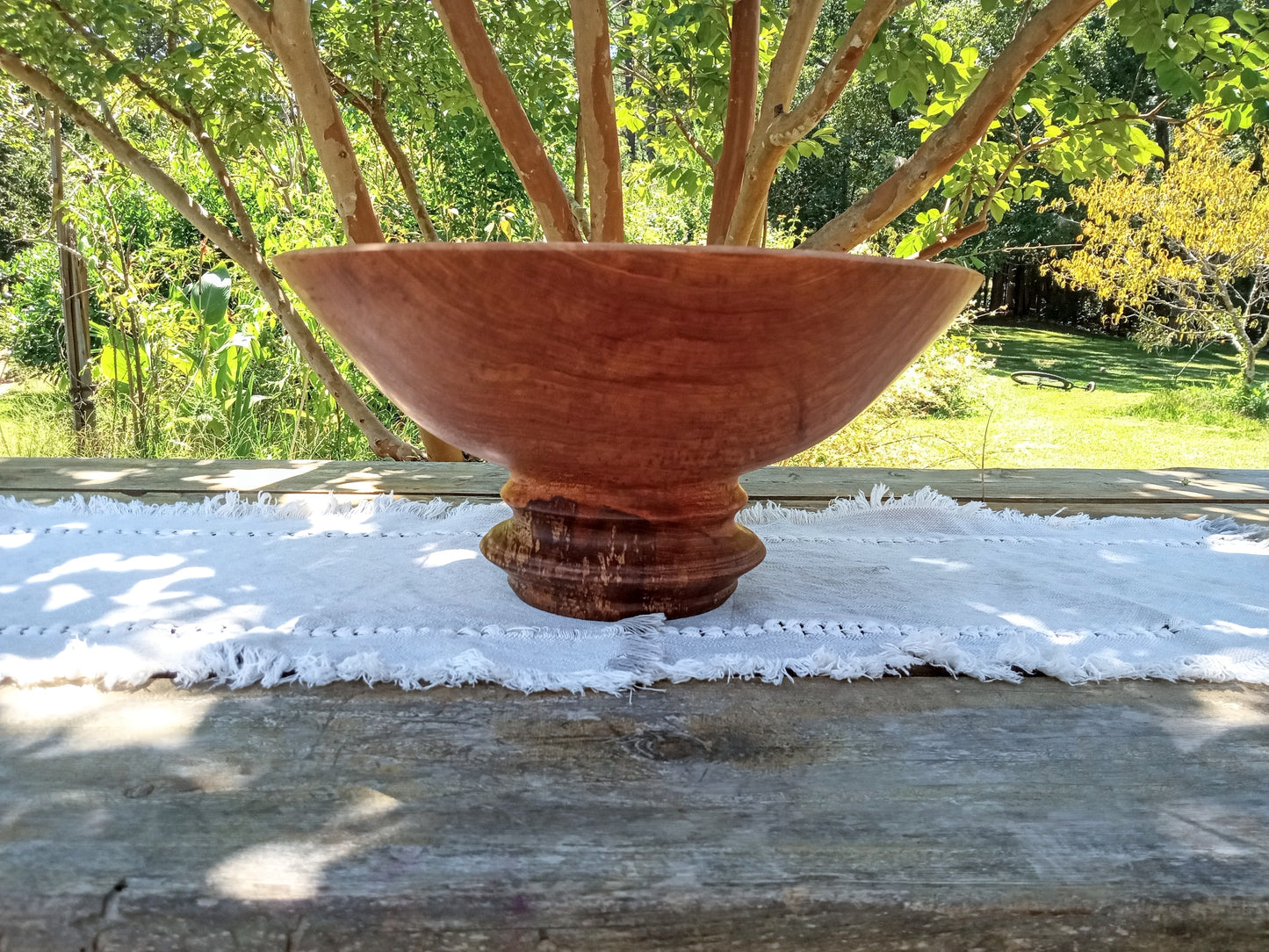 Classic Wood Pedestal Bowl: Elegant Design, Pecan Wood, Handmade (16"W 8"H)