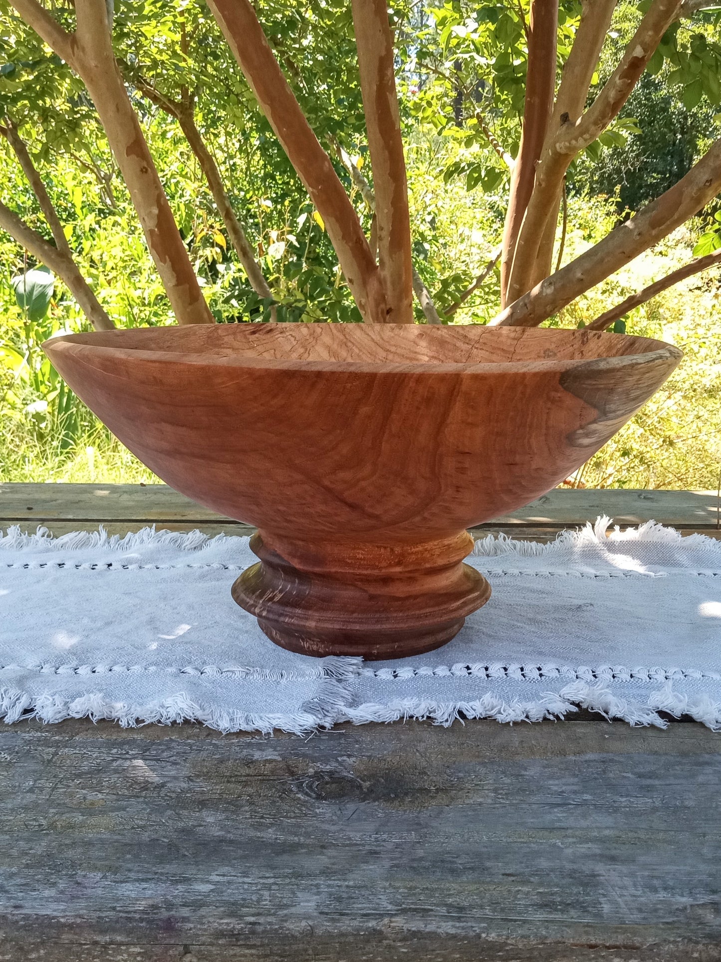 Classic Wood Pedestal Bowl: Elegant Design, Pecan Wood, Handmade (16"W 8"H)
