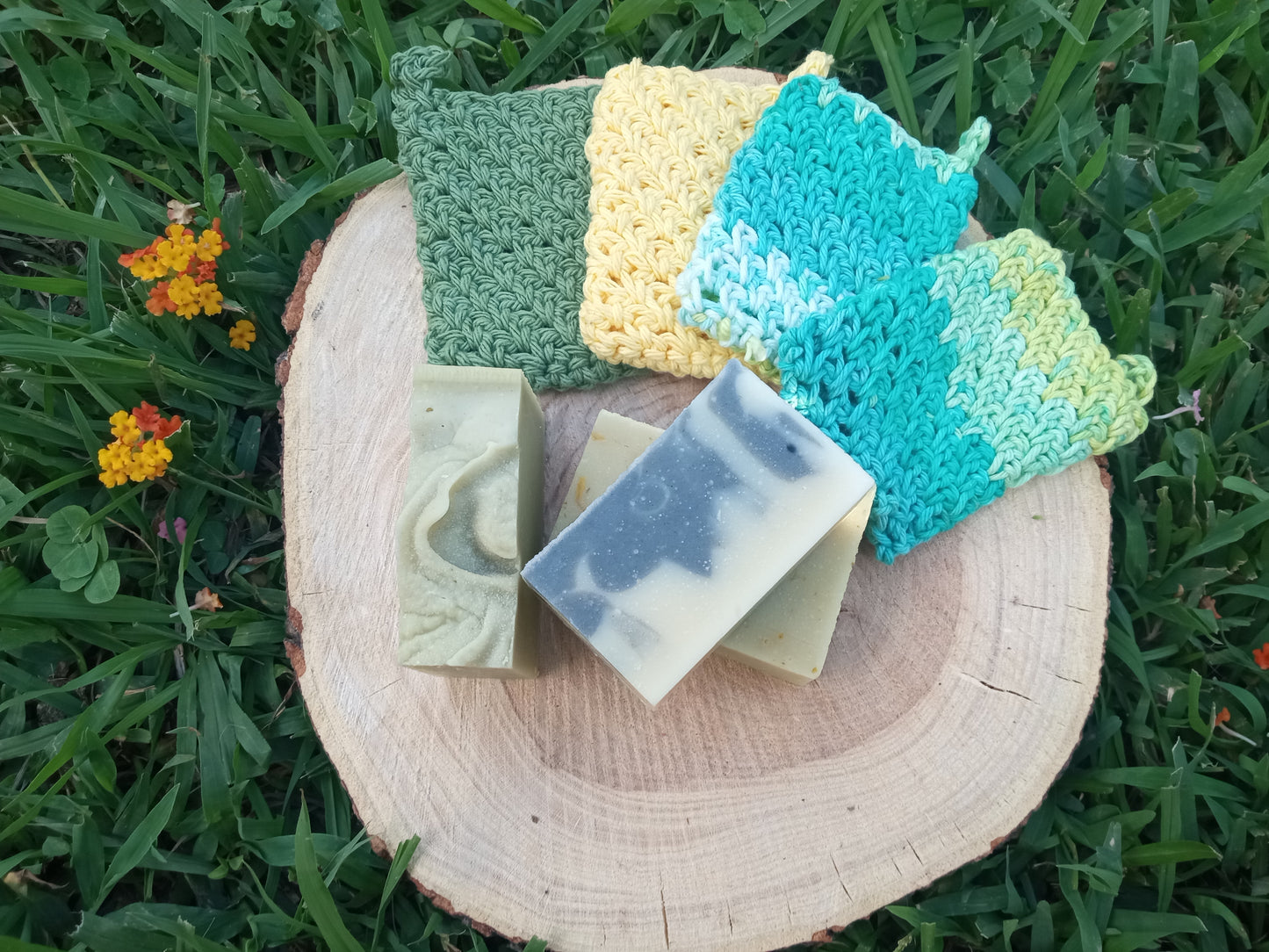 Handmade Soap Gift Set of 3 with Cotton Soap Saver - Herbal Skin care Gifts - Curated Soap Box - Biodegradable All-Natural Soap Bars