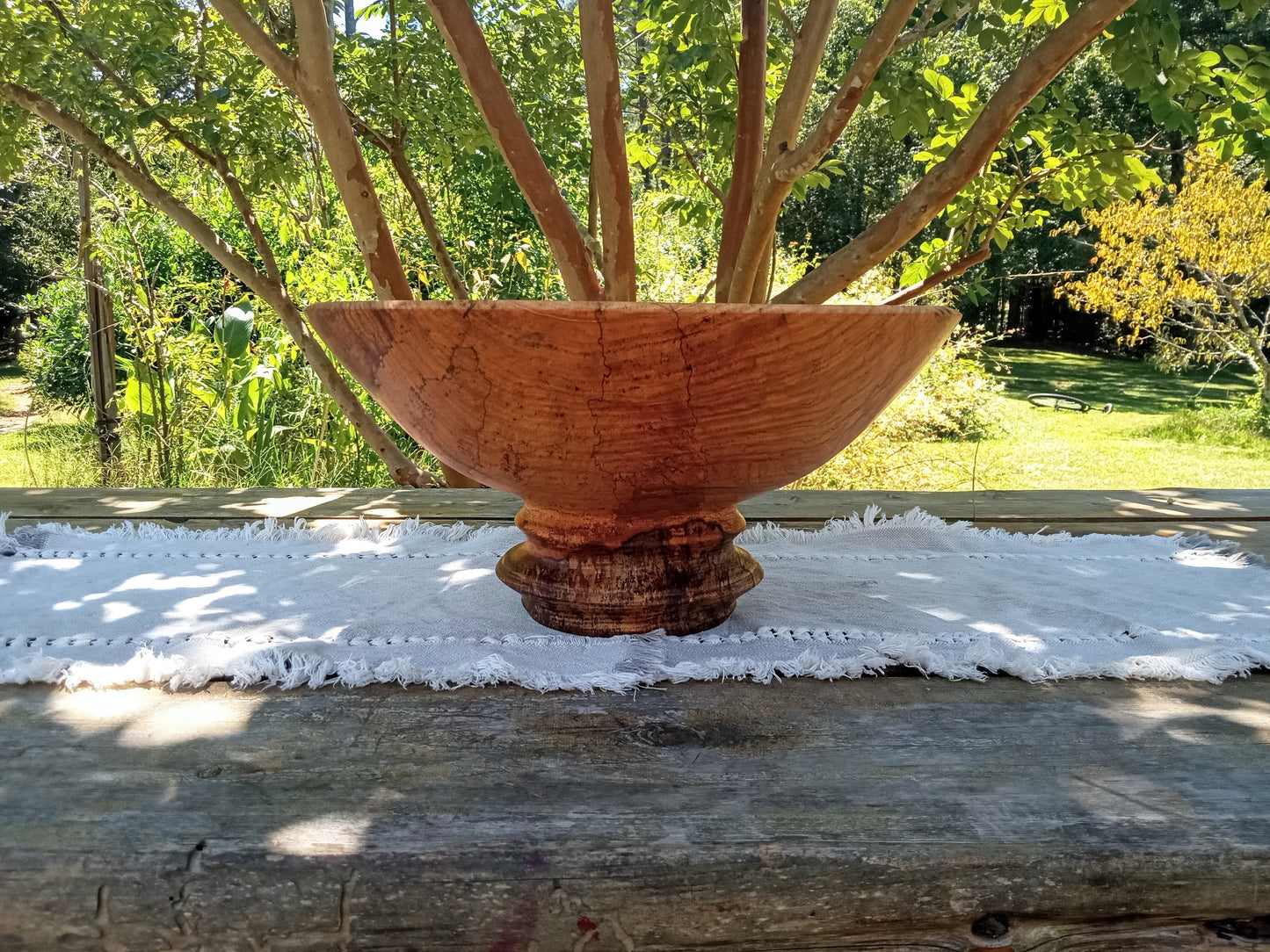 Classic Wood Pedestal Bowl: Elegant Design, Pecan Wood, Handmade (16"W 8"H)