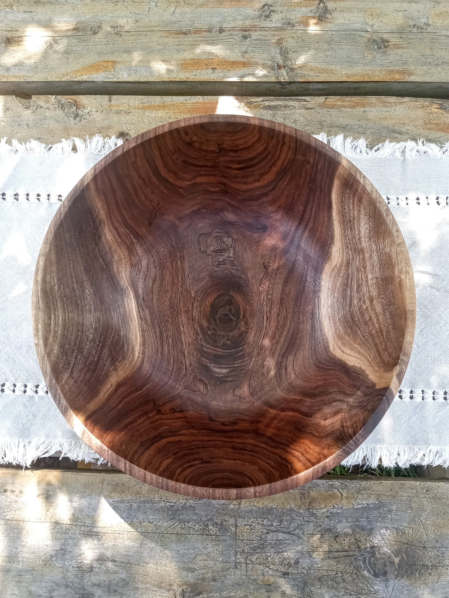 Handcrafted Walnut Wood Bowl: Rustic Knot & Burl Wood Centerpiece, Natural Edge Design (13")