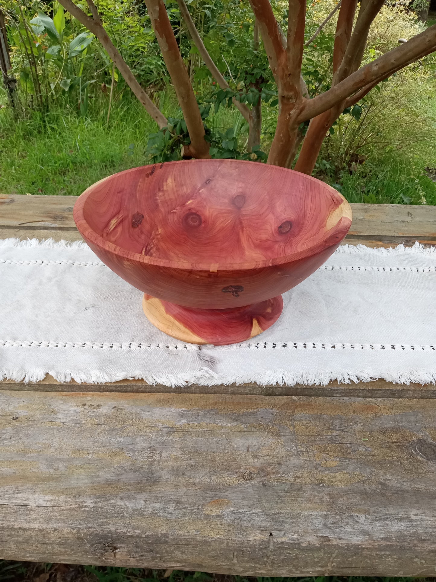 14" Red Cedar Wood Bowl: Elegant Pedestal Design, Handcrafted- Stunning Handmade Wooden Decor Bowl - Unique Turned Wood Gift