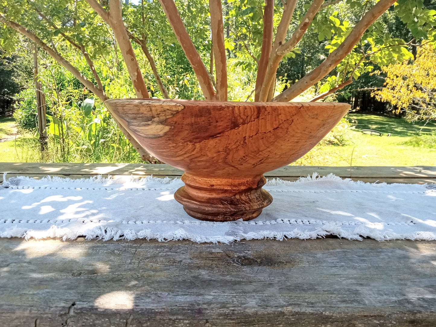 Classic Wood Pedestal Bowl: Elegant Design, Pecan Wood, Handmade (16"W 8"H)