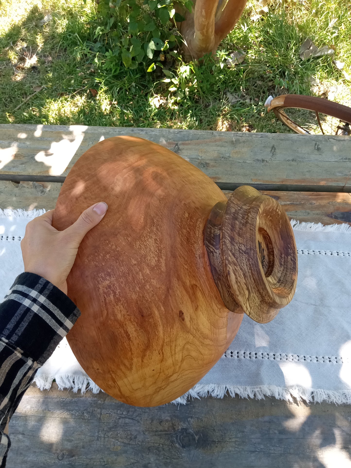 Classic Wood Pedestal Bowl: Elegant Design, Pecan Wood, Handmade (16"W 8"H)