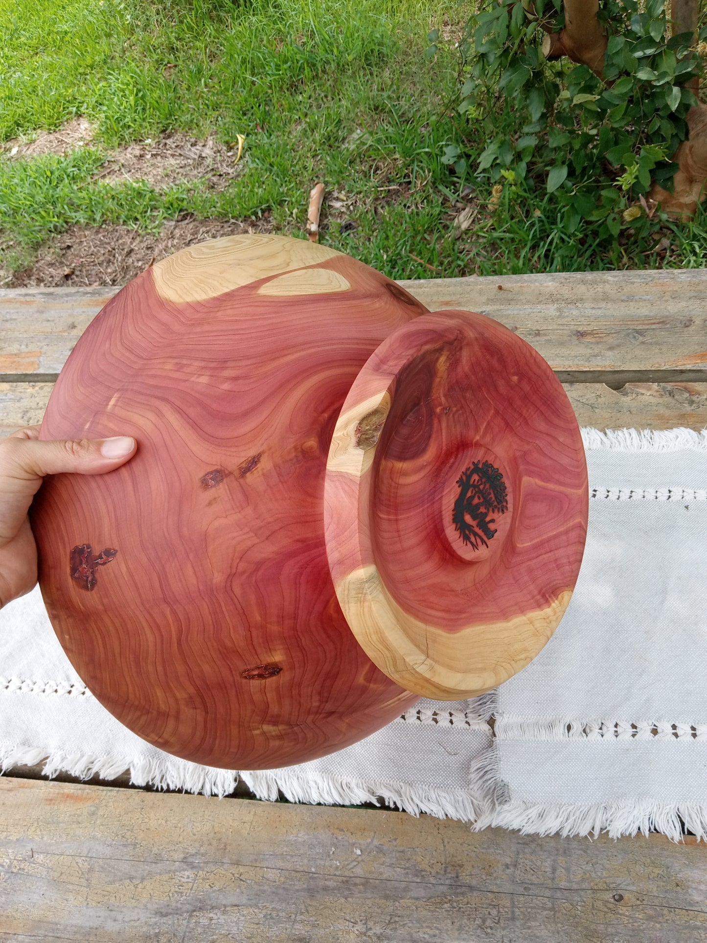 14" Red Cedar Wood Bowl: Elegant Pedestal Design, Handcrafted- Stunning Handmade Wooden Decor Bowl - Unique Turned Wood Gift