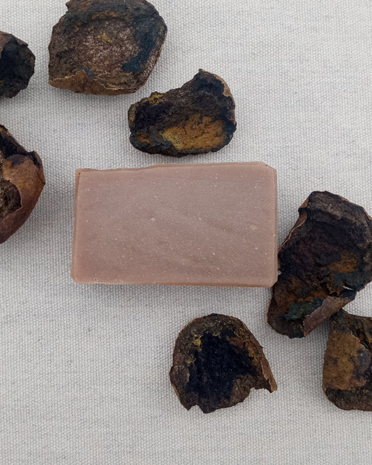 a smooth brown bar of soap with rustic rough cut edges set on a white cloth with dried walnut hulls scattered around it