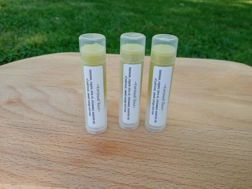 Chickweed Lip Balm with Patchouli & Rose Essential Oils - Herbal Lip Balm with Olive Oil and Beeswax - Natural Skin Care for Chapped Lips