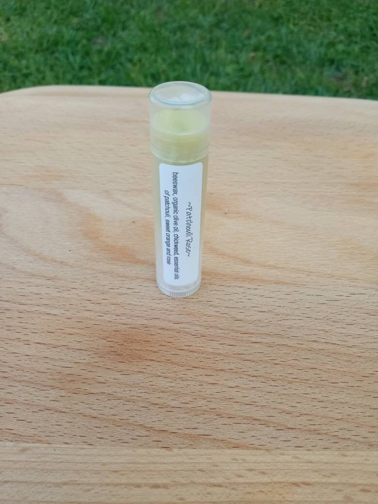Chickweed Lip Balm with Patchouli & Rose Essential Oils - Herbal Lip Balm with Olive Oil and Beeswax - Natural Skin Care for Chapped Lips