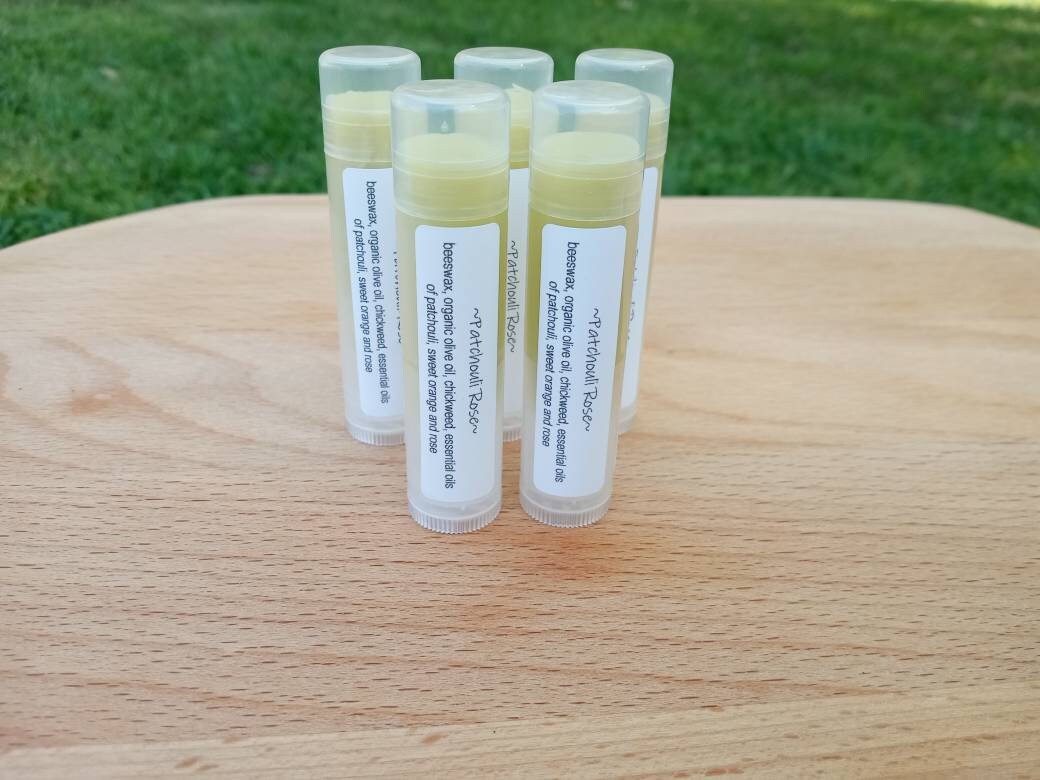 Chickweed Lip Balm with Patchouli & Rose Essential Oils - Herbal Lip Balm with Olive Oil and Beeswax - Natural Skin Care for Chapped Lips