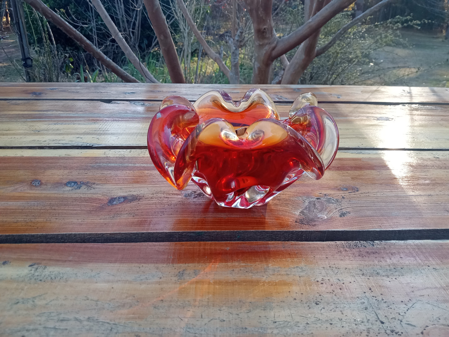 Red Glass Bowl Candle: Natural Wax, Wood Wick, Essential Oil Scent (4oz)