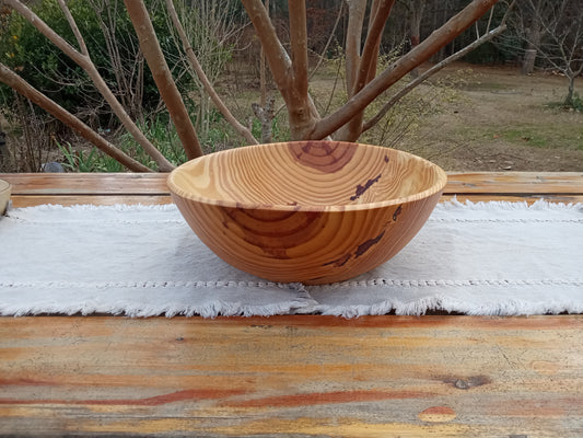 Handmade 14" Pine Wood Fruit Bowl - Large Wooden Bowl with Burl Detail - Decorative Turned Wood Bowl for the Table