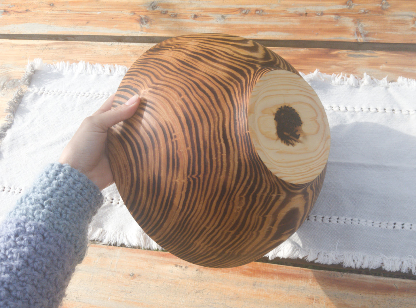 Large 14" Torched Wood Salad Bowl - Handmade Wooden Serving Bowl - Artistic Wood Gifts - Turned Pine Wood Bowls