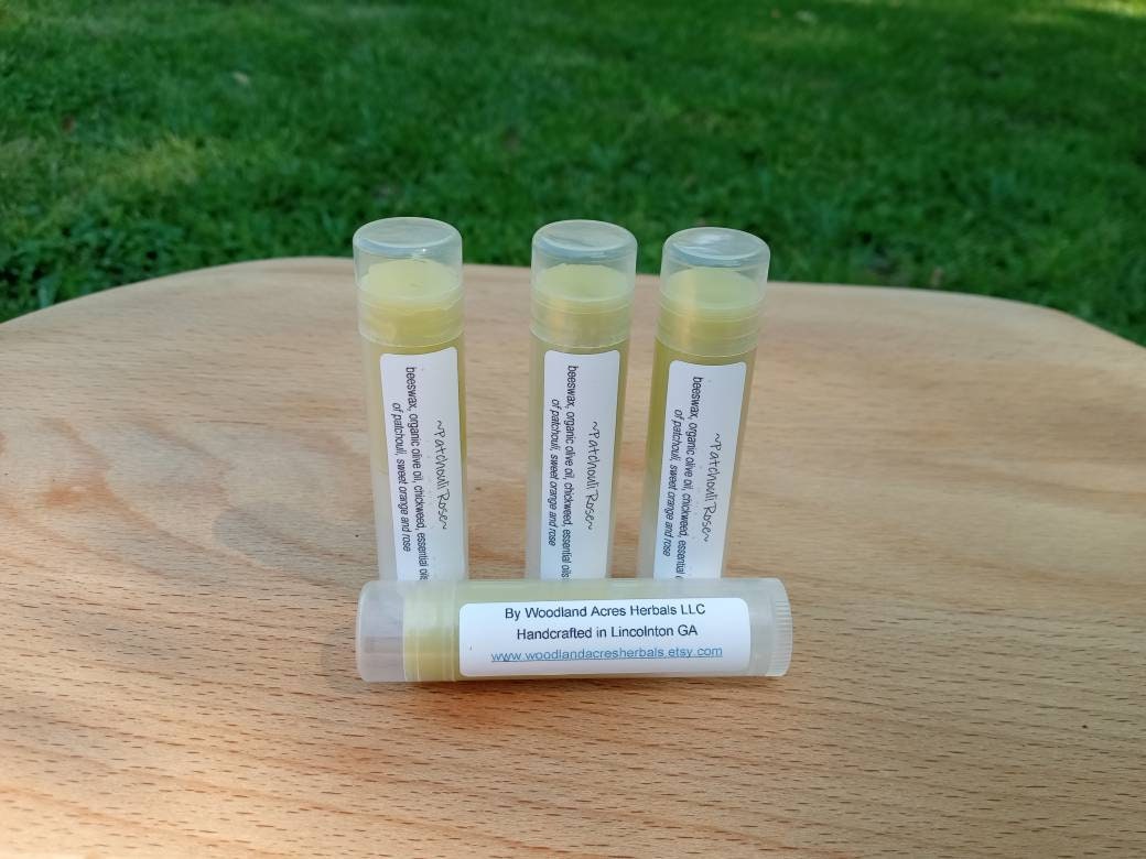 Chickweed Lip Balm with Patchouli & Rose Essential Oils - Herbal Lip Balm with Olive Oil and Beeswax - Natural Skin Care for Chapped Lips