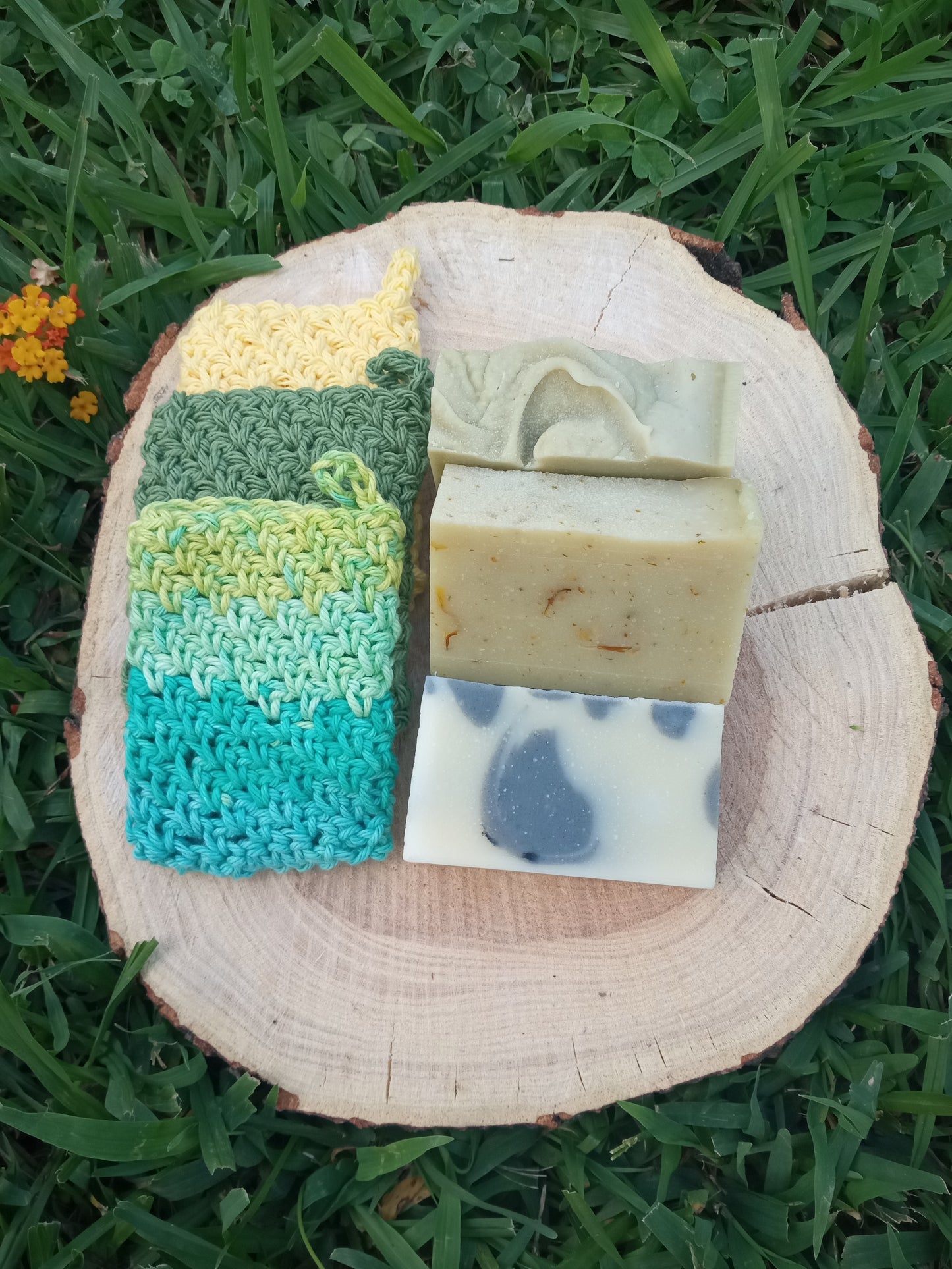 Handmade Soap Gift Set of 3 with Cotton Soap Saver - Herbal Skin care Gifts - Curated Soap Box - Biodegradable All-Natural Soap Bars