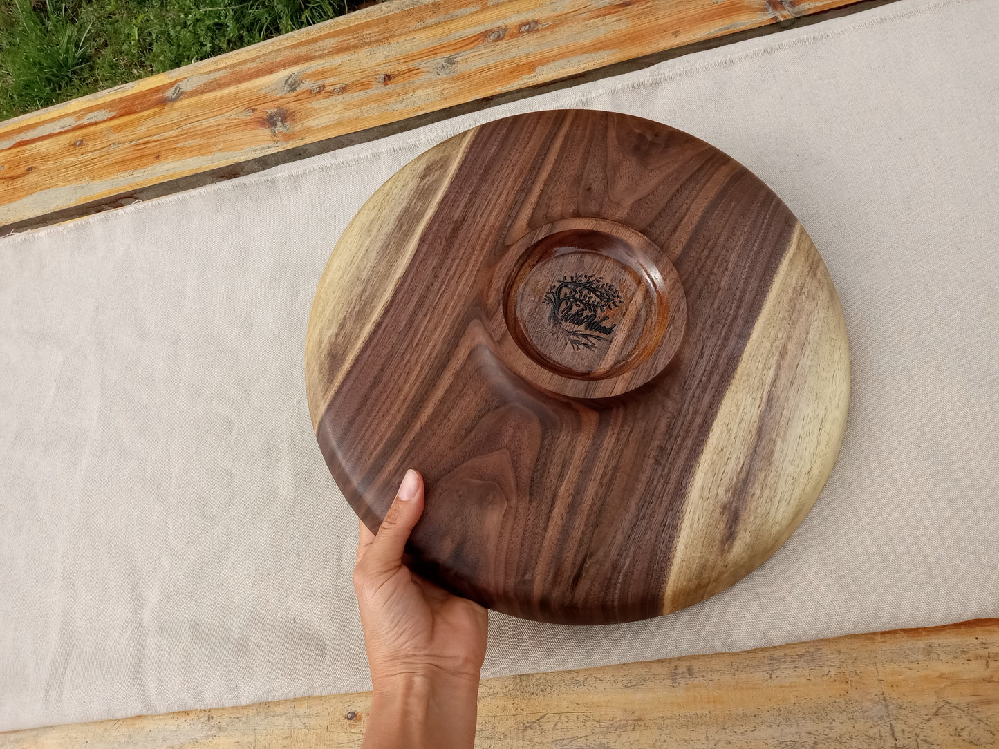 14" Black Walnut Wood Plate - Handmade Wooden Serving Platter - Decorative Low-Profile Wooden Centerpiece - Turned Wood Charcuterie Tray